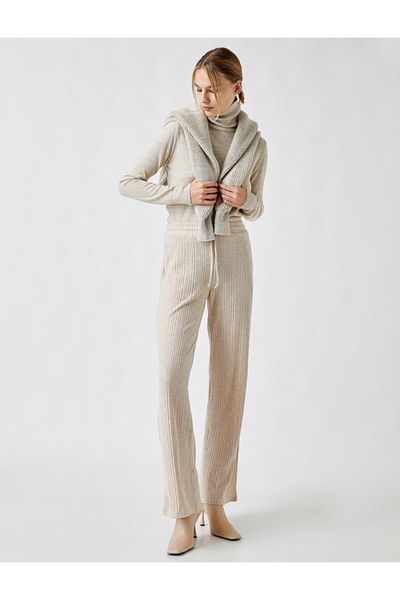 Koton Wide Leg Ribbed Knitted Trousers with Waist Tie