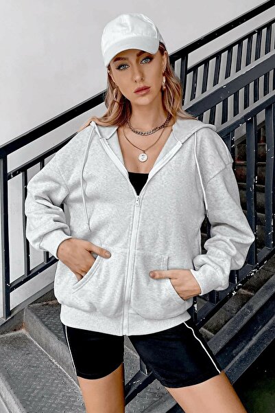 AFROGİYİM Women's Gray Zipper Cardigan