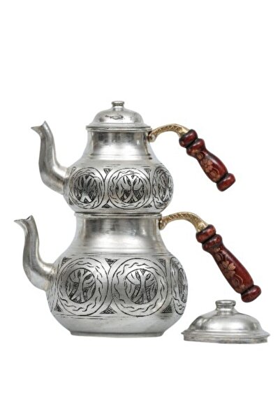 Ustası Antepte طقم إبريق شاي نحاسي غير لامع - مطرز ومعلب