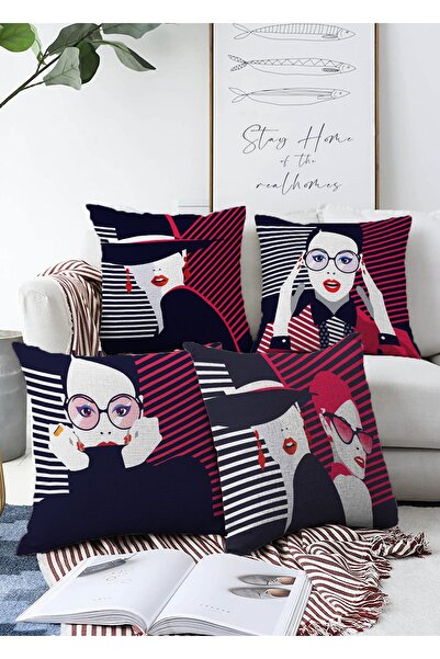 Realhomes Kadın Figurlu Kalem Desenli 4'lü Çift Taraflı Raşel Örme Yastık Kır...