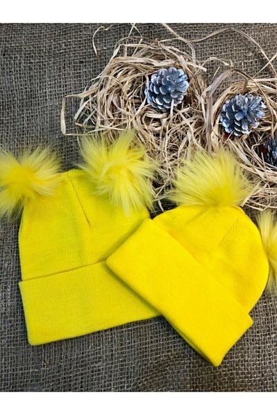 İREM'S ACCESSORİES Yellow Natural Pompom Mother and Daughter Beret