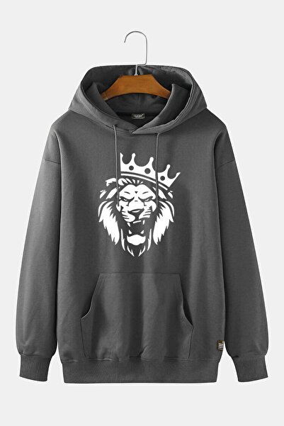 VEAVEN Unisex Antrasit Kapüşonlu Aslan Baskılı Slim Fit Kanguru Cepli Sweatshirt