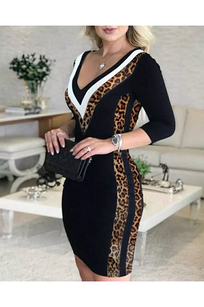 rengamoda Rochie de damă din viscoză cu două fire, cu decolteu în V, ornată cu leopard