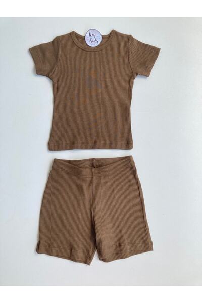 KEY KIDS Set modal cu pantaloni scurți cu nervuri maro ciocolată