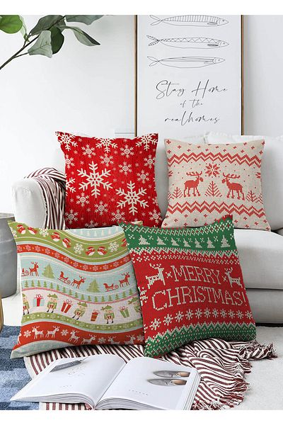 Realhomes Double Sided Merry Christmas Themed Concept 4-Piece Raschel Knitted Pillow Throw Pillow Cover Set