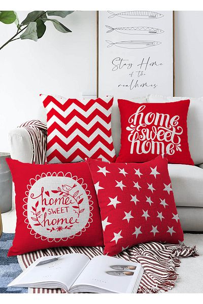 Realhomes Decorative 4-Piece Double-Sided Raschel Knitted Pillow and Cushion Cover Set with Red Background