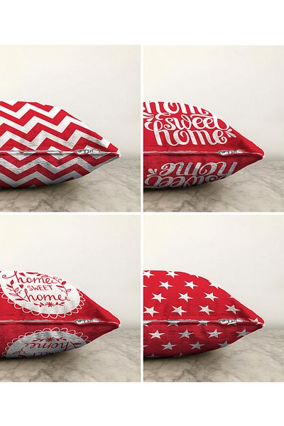 Realhomes Decorative 4-Piece Double-Sided Raschel Knitted Pillow and Cushion Cover Set with Red Background