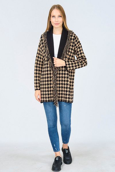 Ocean Goose Feet Pattern Beige Cardigan with Tassels