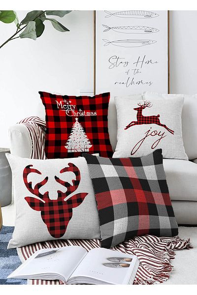 Realhomes Double Sided Christmas Themed Plaid 4-Piece Modern Raschel Knitted Pillow Throw Pillow Cover Set