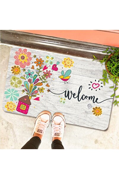 ipekser Welcome Cheerful Flowers Themed Door and Indoor Mat
