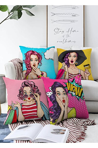 Realhomes Çift Taraflı 4'lü Fashion Girl Konseptli Dekoratif Raşel Örme Yastı...