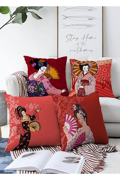 Realhomes Double Sided Red Japanese Girls Designed 4-Piece Decorative Raschel Knitted Throw Pillow Cover Set
