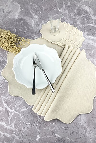 WEARE2 Set de 12 piese cu broderie florală de culoare bej, șervețele american...