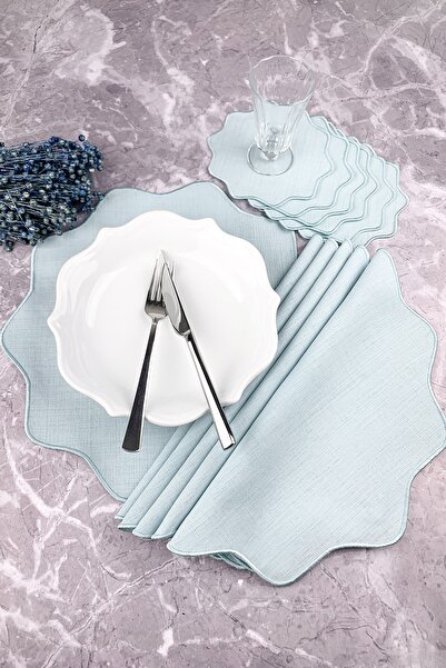 WEARE2 طقم من 12 قطعة مفرش أطباق ومنديل كوكتيل مطرز بالزهور باللون النعناعي