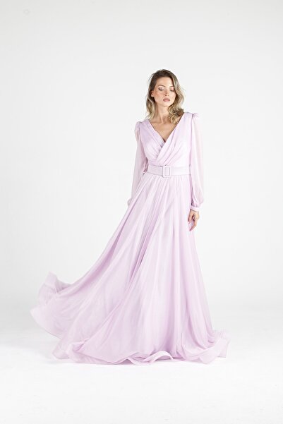 ALİS DRESS Lila Kemerli Uzun Kollu Simli Şifon Abiye