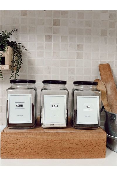 SİDERDESİNG Siderdesign 3-piece Decorative Black Jar - Glass Coffee, Sugar, Tea Storage - 1 Lt