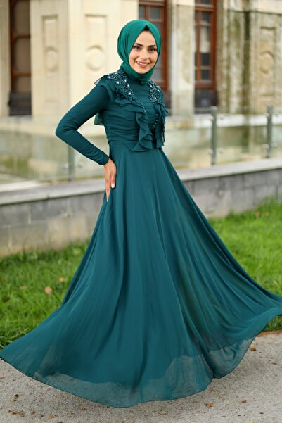 Feiza Collection Önü Fırfırlı Tesettür Abiye Elbise - Yeşil