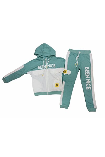 İrem Çocuk Giyim Girl's Been Nice Text Patterned Zippered Tracksuit Set