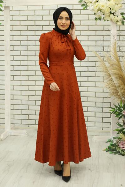 Feiza Collection Pıt Pıt Detaylı Tesettür Elbise - Kiremit