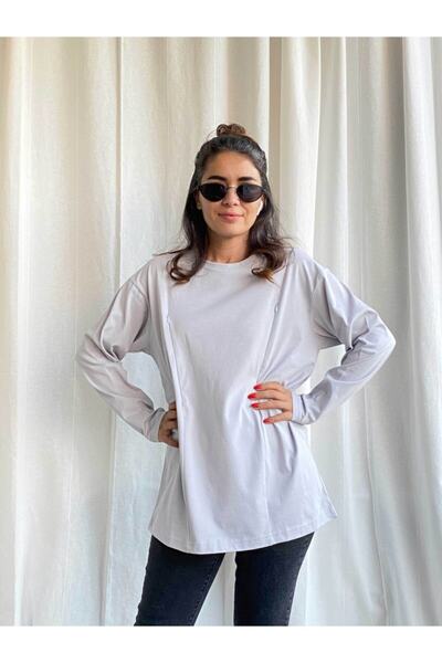 Baby Boroosh Tricou pentru alăptare, gri supradimensionat, cu mânecă lungă, c...