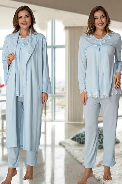 Effortt 7034 Blue Long Dressing Gown Lace Maternity Pajamas Set