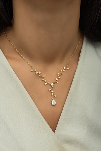 Nereze 925 Ayar Gümüş Gold Zirkon Damla Taşlı Sarmaşık Kolye