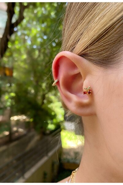 Okkostore Kadın Gold Renkli Kiraz Tragus Kıkırdak Piercing