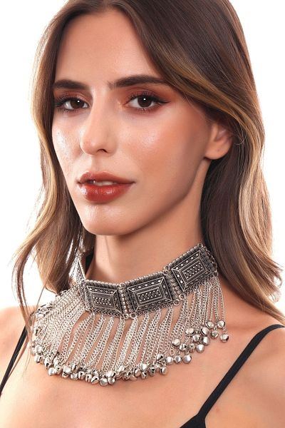 LABALABA Women's Antique Silver Plated Bell Charm Detailed Handmade Tassel Necklace