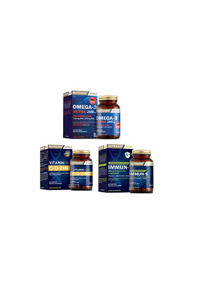 Nutraxin Omega 3 Ultra - 2500 Mg Fish Oil, 30 Capsules + Vitamin Max (c,d,zinc), 60 Tablets + Immun-s 60 Tablets