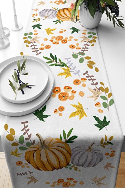 Nish & Royal Beyaz Zemin Üzerinde Bal Kabağı Desenli Dijital Baskılı Özel Tas...