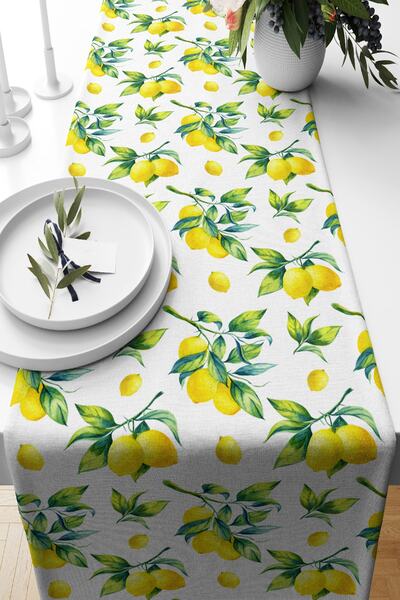 Nish & Royal Beyaz Zeminde Limon Desenli 3d Dekoratif Süet Runner