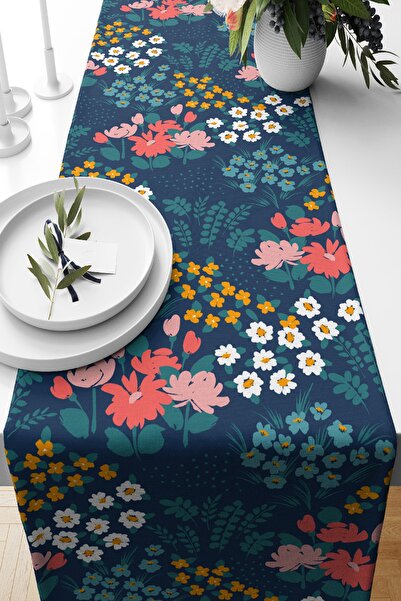 Nish & Royal Renkli Zeminde Onedraw Çizimli Çiçek Desenli Dijital Baskılı Öze...