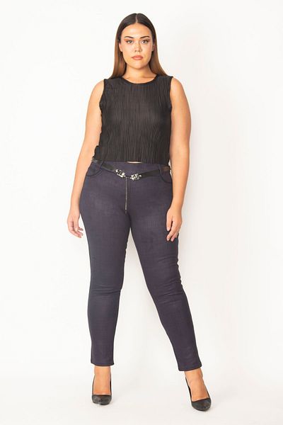 Şans Women's Large Size Navy Blue Plaid Patterned Trousers with Belt Accessories 65n28637