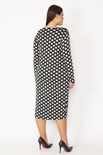 Şans Women's Plus Size Colorful Long Sleeve Point Pattern Crepe Dress 65n28334