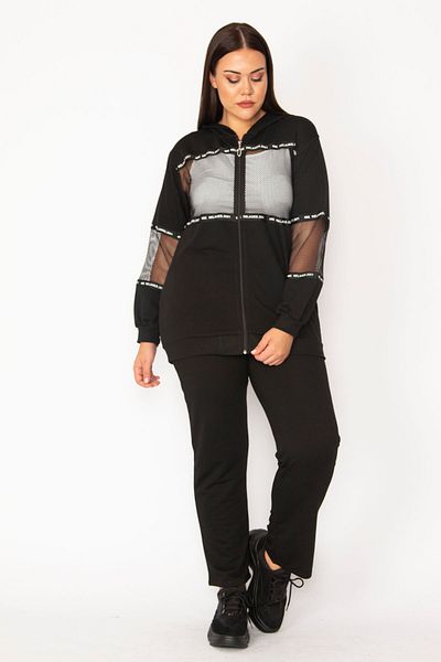 Şans Damen-Sweatshirt-Hose-Set mit schwarzen Ärmeln und Netzstoff vorne, detailliertem Reißverschluss vorne und Kapuze, 65N28348