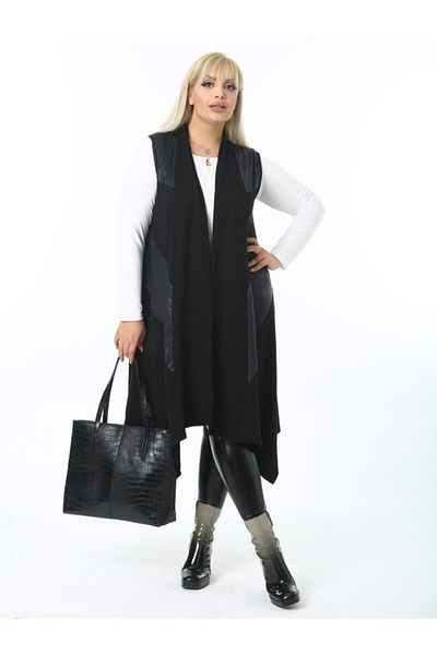 LİKRA Women's Black Large Size Leather Detail Asymmetrical Style Cut Flexible Viscose Vest