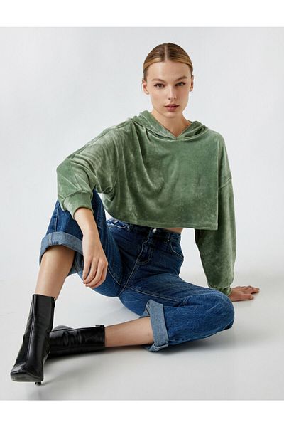 Koton Hooded Crop Velvet Sweatshirt Long Sleeve