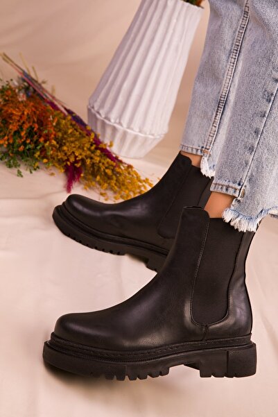 ENES Γυναικείες μαύρες καθημερινές μπότες με ελαστική πλαϊνή χοντρή σόλα