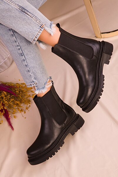 ENES Γυναικείες μαύρες καθημερινές μπότες με ελαστική πλαϊνή χοντρή σόλα