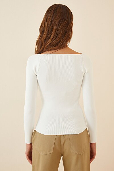 Happiness İstanbul Női fehér galléros bordás kötött pulóver US00738