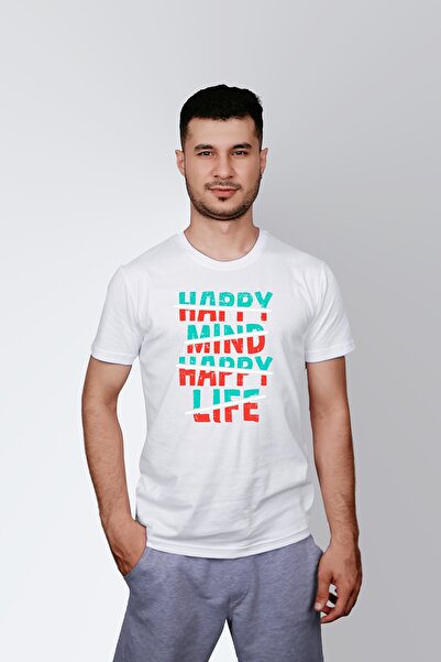 ErTaPassage Minte fericită albă - scrisă cu imprimeu bărbați tricou T4676874