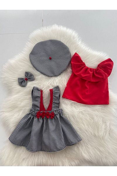 Moda Lina Baby Girl Houndstooth Pattern Salopet Blouse Hat & Bandana Set