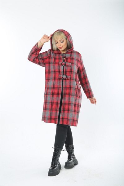 MJORA Red Plaid Pattern Hooded Plus Size Long Jacket-coat