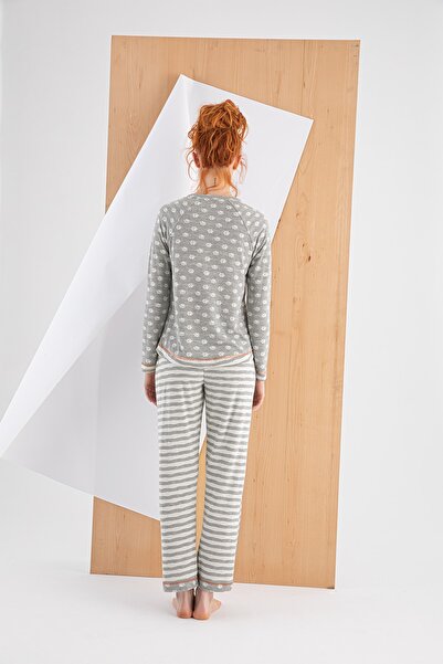 Sevim Kadın Bisiklet Yaka Baskılı Uzun Kol Pijama Takımı