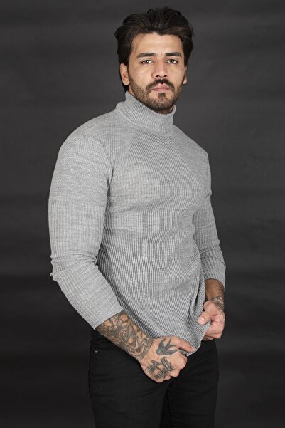 DeepSEA Чоловічий сірий светр з рибальським коміром і смужками, облягаючий крій, в'язаний 2100015