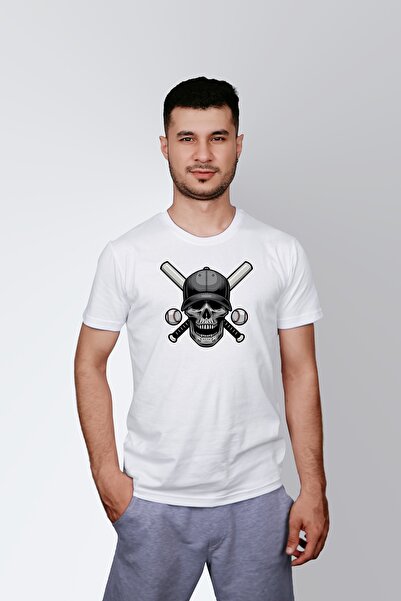 ErTaPassage Baseball alb pentru bărbați Skull cu imprimeu Standard tricou T50...