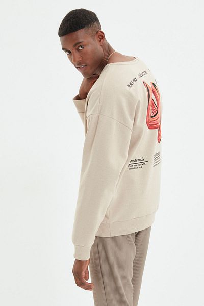 Trendyol Collection Beige Crew Neck Printed Oversize Sweatshirt - Long Sleeve Tmnaw22Sw0961
