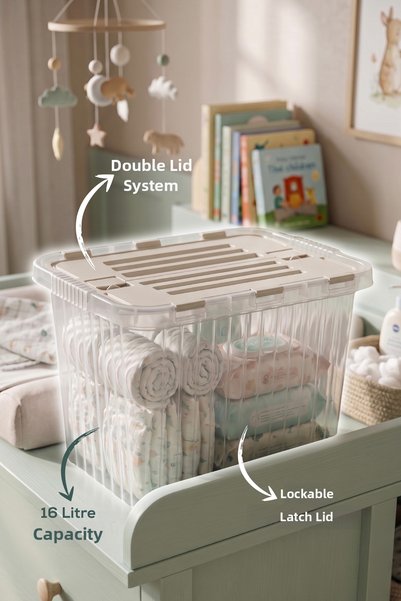 Wumboo 3 Pieces Lockable Lid Toy Storage Box - 16 Lt Kids Room Organizer, Toy Storage Box - Beige