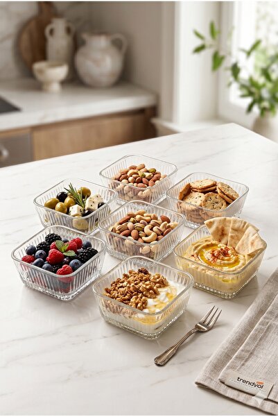 Homerest Set of 6 Glass Bowls - 400 ml Modern Striped Presentation Bowl, Snac...