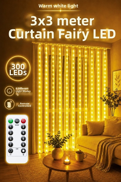 Telvesse 8 MOD Perde Ledi 300 LED 3x3m 10 Sarkıt Led Yılbaşı Oda Dekoru Kuman...